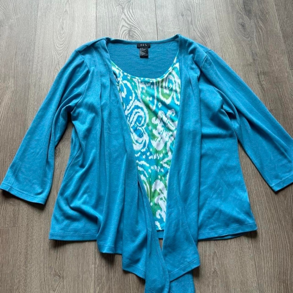 Women's XL Layered Look Blouse Teal Abstract Print 3/4 Sleeve Top
